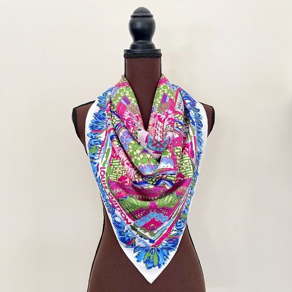 New Louis Vuitton Scarf Monogram Paradise Barbie Blue Green Pink Silk Sc… - Picture 11 of 16